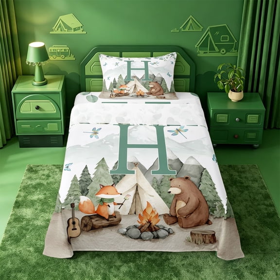 meiyoeat Happy Camping Letter Print Twin Sheets For Boys,Travel Adventure Camper Bedding,3pcs,1 Fitted Sheet and 1 Pillowcase