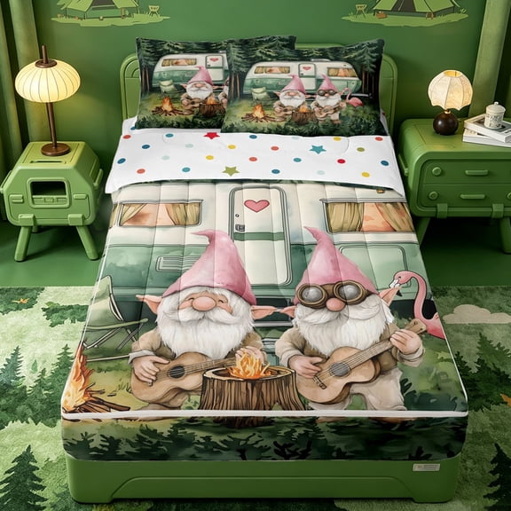 meiyoeat Happy Camping Zipper Twin Comforter Sets with Fitted Sheet and 2 Pillowcases,Girls,Cute Gnome Camper Print Zipper Bedding Set For Girl,Polkadot Reversible,4 Pieces