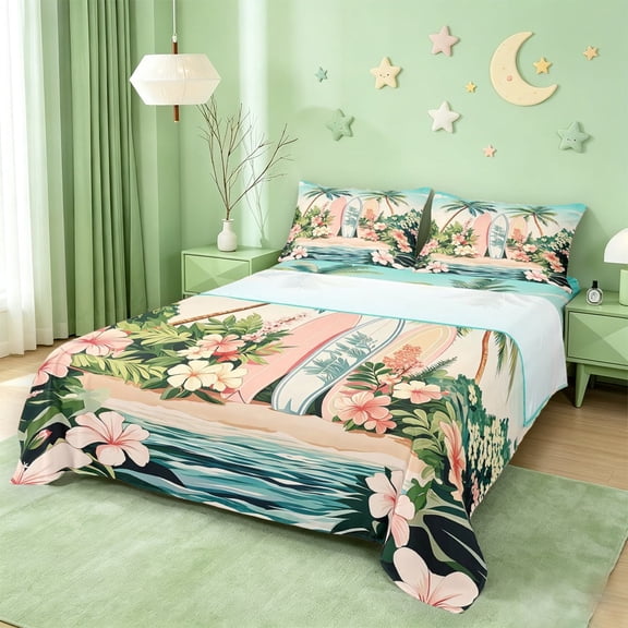 meiyoeat Hawaii Sea Beach Bed Sheets For Kids,Pink Kawaii Floral Blossom Full Size Sheets For Girls,4-Piece