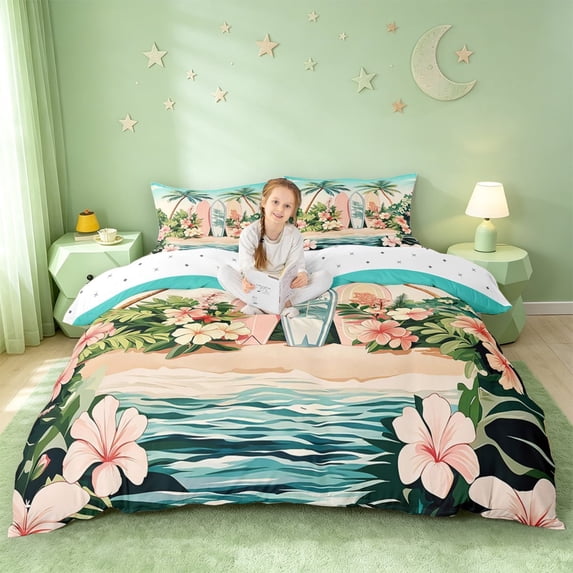 meiyoeat Hawaii Sea Beach Bedding For Kids,Pink Kawaii Floral Blossom Duvet Cover Full For Girls,Reversible,3-Piece(No Comforter)