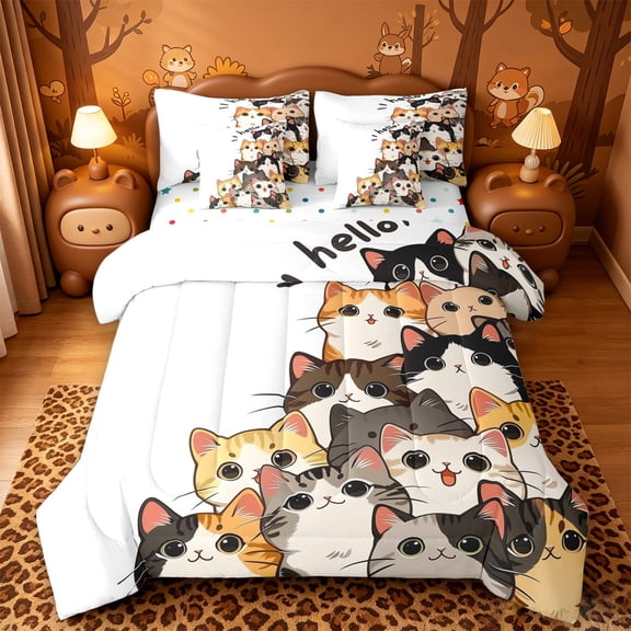 meiyoeat Hello Cat 7 Pieces Full Size Bedding Sets,Cute Print Full Size Bed in a Bag For Girl,Reversible