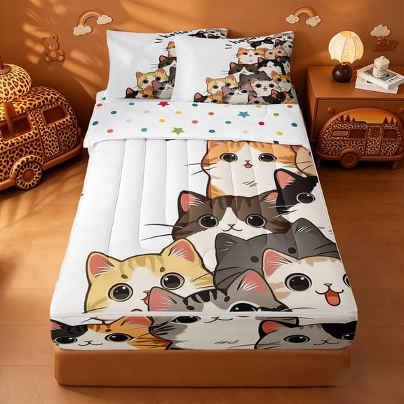 meiyoeat Hello Cat Zipper Twin Comforter Sets with Fitted Sheet and 2 Pillowcases,Cute Print Zipper Bedding Set For Girl,Reversible,4-Piece