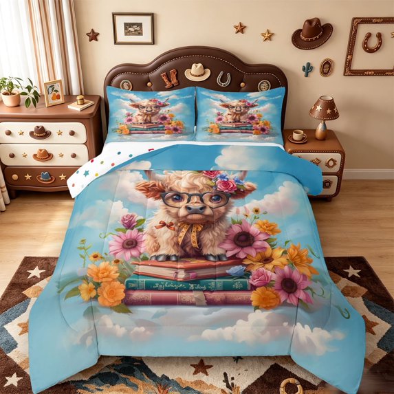 meiyoeat Highland Cow Book Floral Full Size Comforter Sets,Rustic Farm Animals Bedding Comforter Set,Polkadot Reversible,3pcs,1 Comforter and 2 Pillowcases