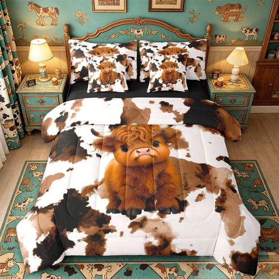 meiyoeat Highland Cow Cowhide 7-Piece Twin Bedding,Farm Animal Print Bedding Comforter Set For Girl,Reversible