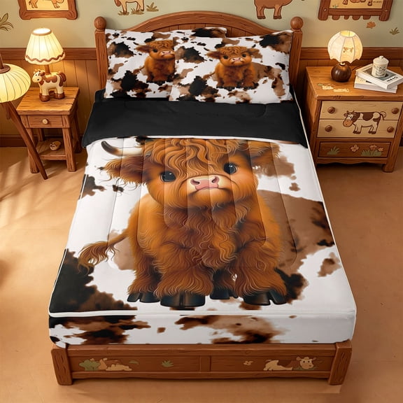meiyoeat Highland Cow Cowhide Zipper Twin Comforter Sets with Fitted Sheet and 2 Pillowcases,Farm Animal Print Zipper Bedding Set For Girl,Reversible,4-Piece