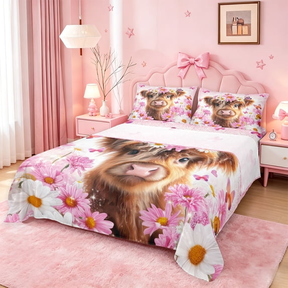 meiyoeat Highland Cow Flower Bed Sheets,Cute Farm Cattle Full Size Sheets For Girl,4pcs,1 Flat Sheet,1 Fitted Sheet and 2 Pillowcases