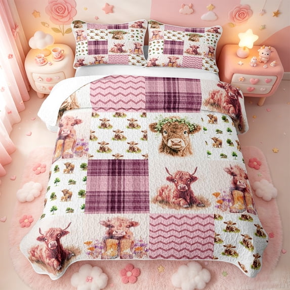 meiyoeat Highland Cow Patchwork Pattern Quilt King,Western Cow Print King Coverlet Set For Girl,3 Pieces,1 Bedspread and 2 Pillowcases
