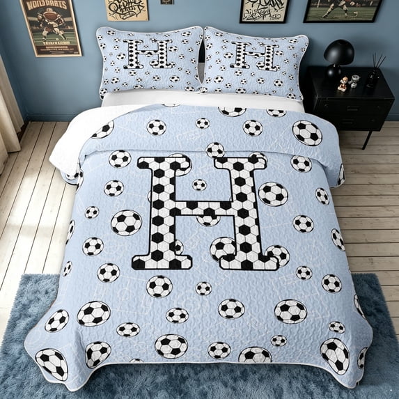 meiyoeat Honeycomb Letter Bed Spread Queen for Boys, Kawaii Football Print Queen Coverlet Set, 3 Pieces, 1 Comforter and 2 Pillowcases