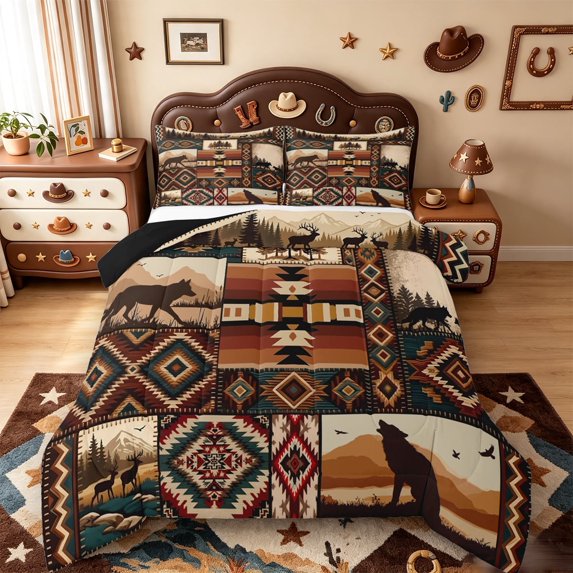 meiyoeat Howling Wolf Full Size Comforter Sets,Vintage Aztec Geometric Pattern Bedding Comforter Set For Boys,Black Reversible,3 Pieces,1 Comforter and 2 Pillowcases