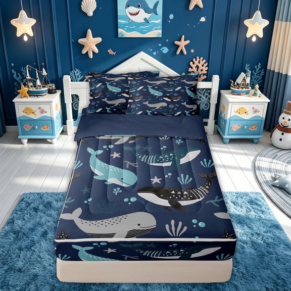meiyoeat Humpback Whale Ocean Zipper Twin Comforter Sets with Fitted Sheet and 2 Pillowcases for Boys Girls, Tribal Dot Starfish Sea Marine Zipper Bedding Set, Navy, Blue Reversible, 4pcs