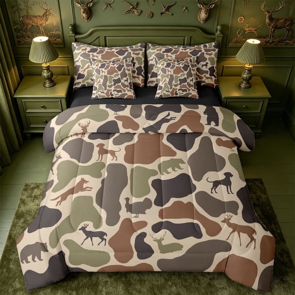 meiyoeat Hunting Camo Animal 7pcs Queen Bedding For Adult,Jungle Wildlife Deer Bear Bedding Comforter Set Queen For Kids,Black Reversible