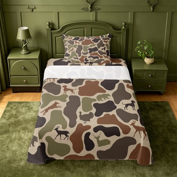 meiyoeat Hunting Camo Animal Twin Sheets For Adult,Jungle Wildlife Deer Bear Bedding For Kids,3 Pieces