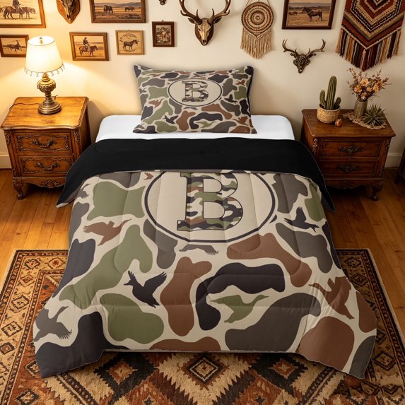 meiyoeat Hunting Camo B Letter Twin Comforter Sets for Boys Men, Farmhouse Wildlife Duck Print Bedding Set, Black Reversible, 2 Pieces, 1 Comforter and 1 Pillowcase
