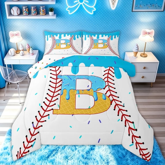 meiyoeat Ice Cream Baseball Full Size Comforter Sets for Girls, Blue Yellow Drip Monogrammed B Bedding Comforter Set, Polkadot Reversible, 3 Pieces, 1 Comforter and 2 Pillowcases