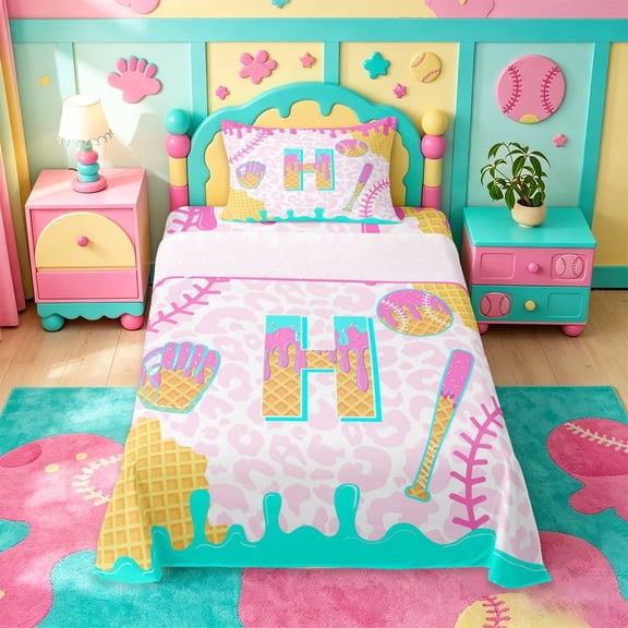meiyoeat Ice Cream Baseball Twin Sheet Sets For Kids,Girls Personalized Monogrammed H Gifts Bedding,3pcs