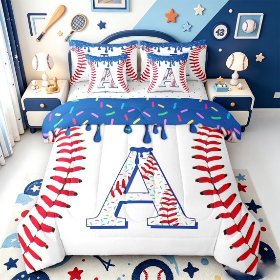 meiyoeat Ice Cream Drip Monogram A 7-Piece Twin Bedding,Abstract Baseball Print Bedding Comforter Set For Boys,Reversible