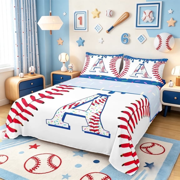 meiyoeat Ice Cream Drip Monogram A Bed Sheets,Abstract Baseball Print Full Size Sheets For Boys,4pcs1 Flat Sheet, 1 Fitted Sheet and 2 Pillowcases