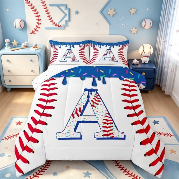 meiyoeat Ice Cream Drip Monogram A Full Size Comforter Sets,Abstract Baseball Print Bedding Comforter Set For Boys,Reversible,3pcs,1 Comforter and 2 Pillowcases