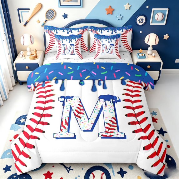 meiyoeat Ice Cream Drip Monogram M 7 Pieces Full Size Bedding Sets,Abstract Baseball Print Full Size Bed in a Bag For Boys,Reversible