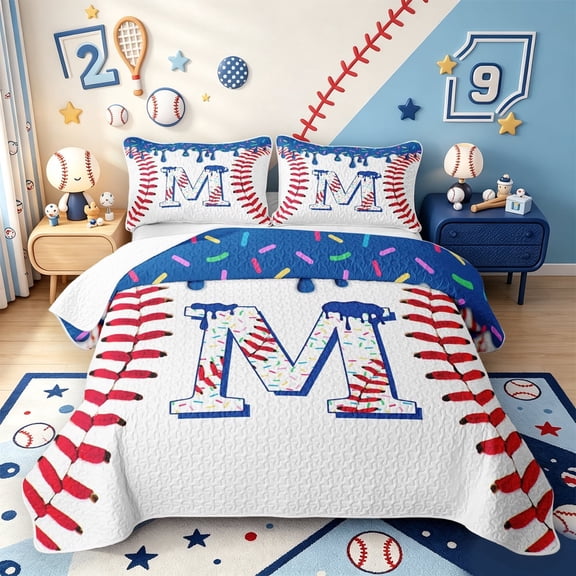 meiyoeat Ice Cream Drip Monogram M Twin Quilt Set,Abstract Baseball Print Twin Coverlet Set For Boys,2 Pieces,1 Bedspread and 1 Pillowcase