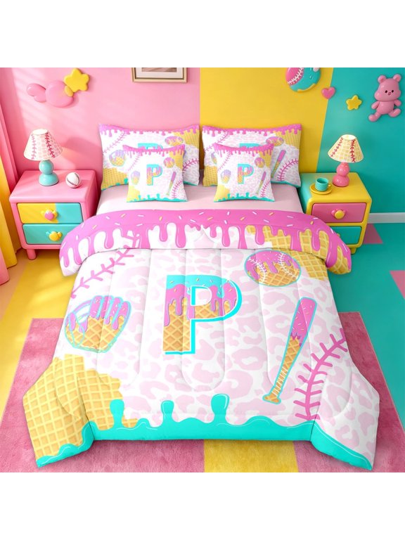 Ice Cream Initial P Alphabet 7-Piece Twin Bedding Sets For Kids,Watercolor Baseball Pink Leopard Animal Print Bedding Comforter Set,Pink Reversible