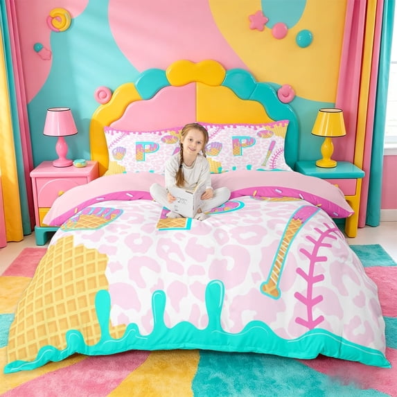 meiyoeat Ice Cream Initial P Alphabet Duvet Cover Set For Kids,Watercolor Baseball Pink Leopard Animal Print Bedding Full,Pink Reversible,3pcs(No Comforter)