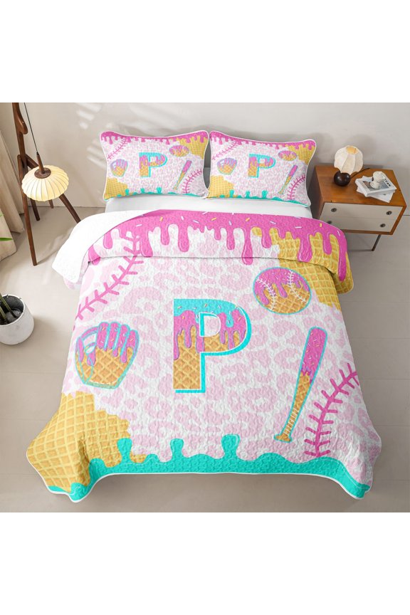 Ice Cream Initial P Alphabet Quilt Full For Kids,Watercolor Baseball Pink Leopard Animal Print Full Bedspread Sets,3-Piece