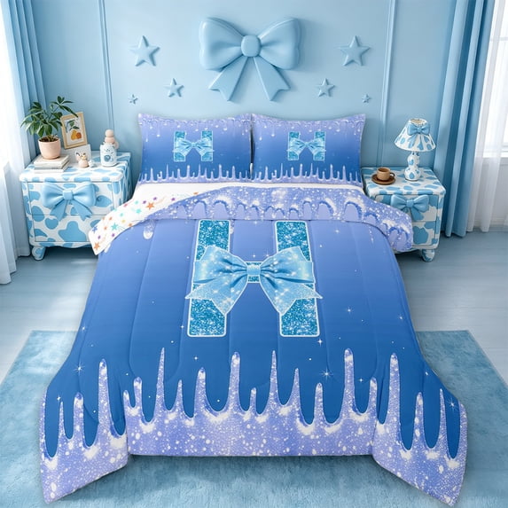 meiyoeat Ice Sequin Print Monogram Queen Comforter Set,Blue Bow Initial Aesthetic Comforter Sets Queen For Girl,Colorful Stars Reversible,3-Piece,1 Comforter And 2 Pillowcases