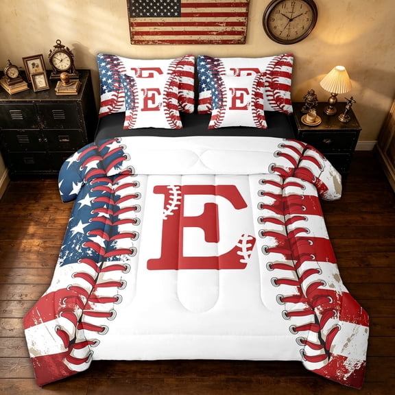 meiyoeat Initial E Letter Twin Bedding for Boys, USA Flag Baseball Sport Bedding Comforter Set, Black Reversible, 7 Pieces