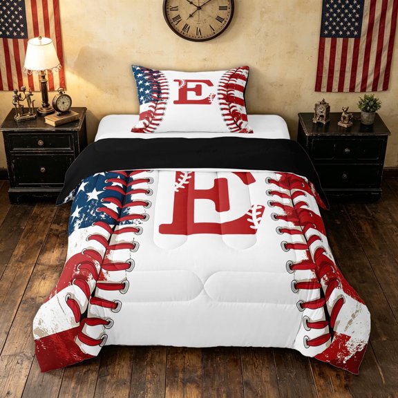 meiyoeat Initial E Letter Twin Comforter Sets for Boys, USA Flag Baseball Sport Bedding Set, Black Reversible, 2 Pieces, 1 Comforter and 1 Pillowcase
