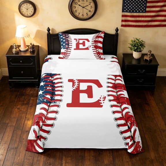 meiyoeat Initial E Letter Twin Sheets for Boys, USA Flag Baseball Sport Bedding, 3 Pieces, 1 Flat Sheet, 1 Fitted Sheet and 1 Pillowcase