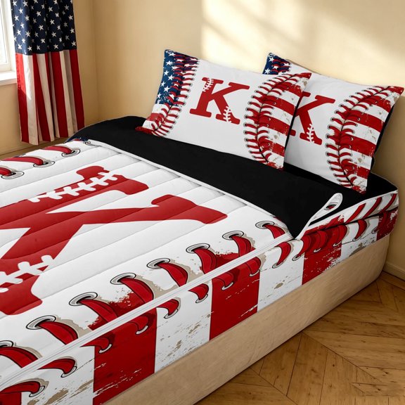 meiyoeat Initial K Letter Zipper Full Size Comforter Sets with Fitted Sheet and 2 Pillowcases for Boys, USA Flag Baseball Sport Zipper Bedding Set, Black Reversible, 4 Pieces
