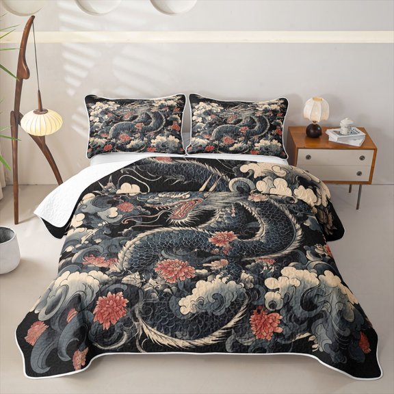 meiyoeat Ink Cloud Dragon Bed Spread Queen for Men Boys, Japanese Style Flower Queen Coverlet Set, Black Blue, 3pcs