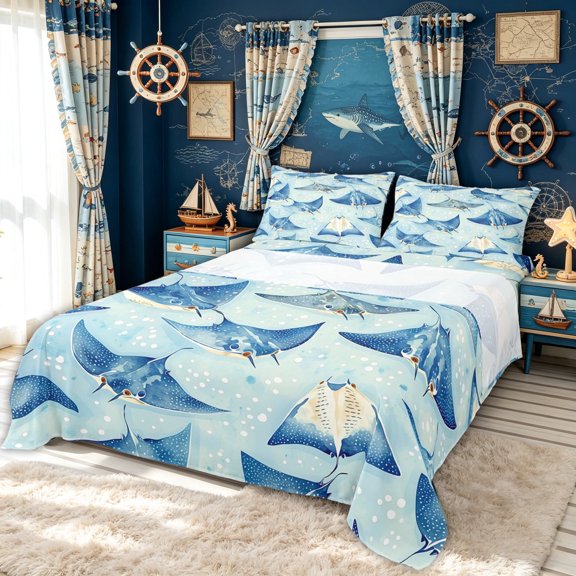 meiyoeat Ink Dot Manta Ray Bed Sheets for Kids Boys Girls, Watercolor Marine Animal Full Size Sheets, Blue, Blue Reversible, 1 Flat Sheet, 1 Fitted Sheet and 2 Pillowcases