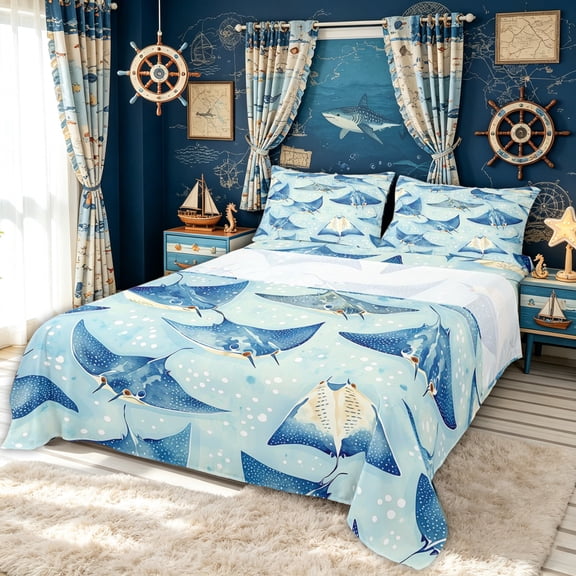 meiyoeat Ink Dot Manta Ray Bed Sheets for Kids Boys Girls, Watercolor Marine Animal Full Size Sheets, Blue, Blue Reversible, 1 Flat Sheet, 1 Fitted Sheet and 2 Pillowcases