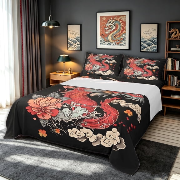 meiyoeat Ink Peony Dragon Bed Sheets for Boys, Vintage Japanese Style Full Size Sheets, Black Red, Black Reversible, 1 Flat Sheet, 1 Fitted Sheet and 2 Pillowcases
