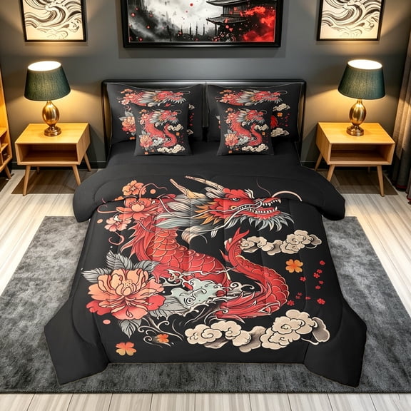meiyoeat Ink Peony Dragon Twin Bedding for Boys, Vintage Japanese Style Bedding Comforter Set, Black Red, Black Reversible, 7pcs