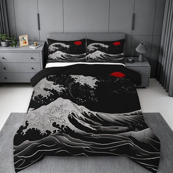 meiyoeat Japanese Black Wave Full Size Comforter Sets For Kids,Ukiyo-E Style Print Bedding Comforter Set,Black Reversible,3 Pieces