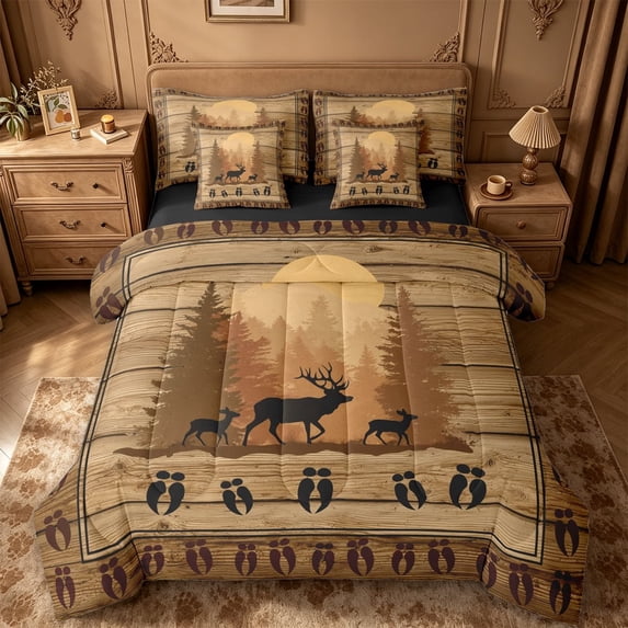 meiyoeat Jungle Animal Deer 7-Piece King Bedding For Boys,Rustic Farmhouse Cabin King Bed in a Bag For Kids,Black Reversible