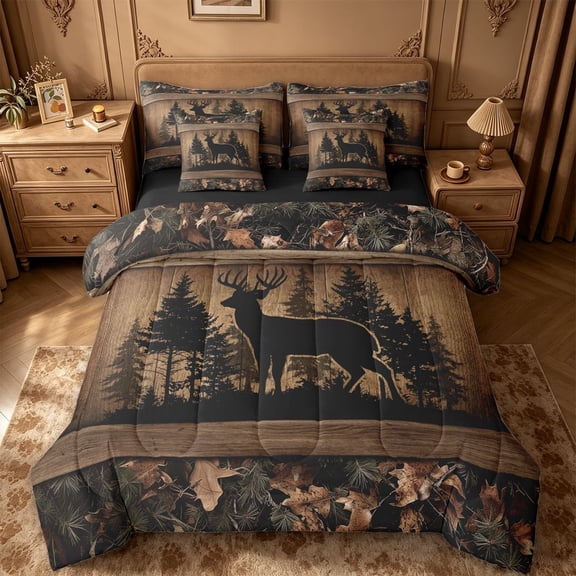 meiyoeat Jungle Animal Deer 7pcs Queen Bedding For Adults,Rustic Plant Pine Tree Bedding Comforter Set Queen For Men,Black Reversible