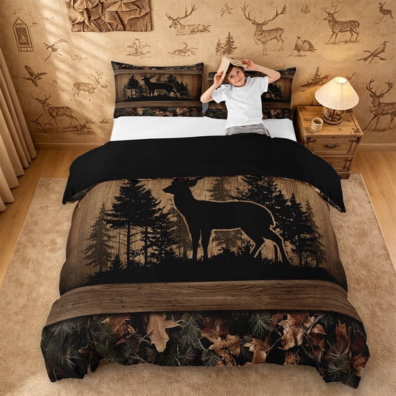 meiyoeat Jungle Animal Deer Duvet Cover Queen For Adults,Rustic Plant Pine Tree Queen Bedding For Men,Black Reversible,3 Pieces(No Comforter)
