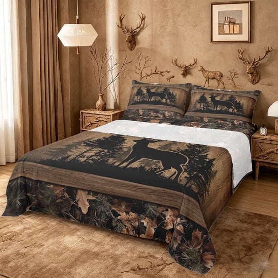 meiyoeat Jungle Animal Deer King Sheets For Adults,Rustic Plant Pine Tree Bedding For Men,4pcs