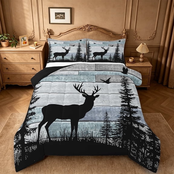 meiyoeat Jungle Animal Deer Queen Comforter Set For Kids,Rustic Farmhouse Cabin Comforter Sets Queen For Boys,Black Reversible,3pcs