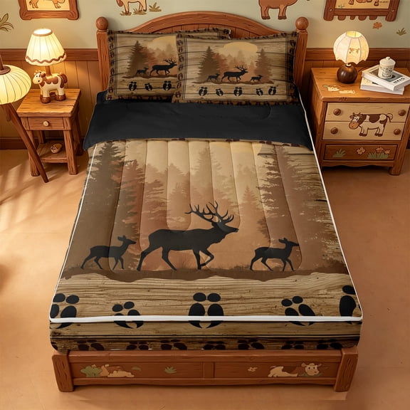 meiyoeat Jungle Animal Deer Zipper Twin Comforter Sets with Fitted Sheet and 2 Pillowcases For Boys,Rustic Farmhouse Cabin Zipper Bedding Set For Kids,Black Reversible,4 Pieces