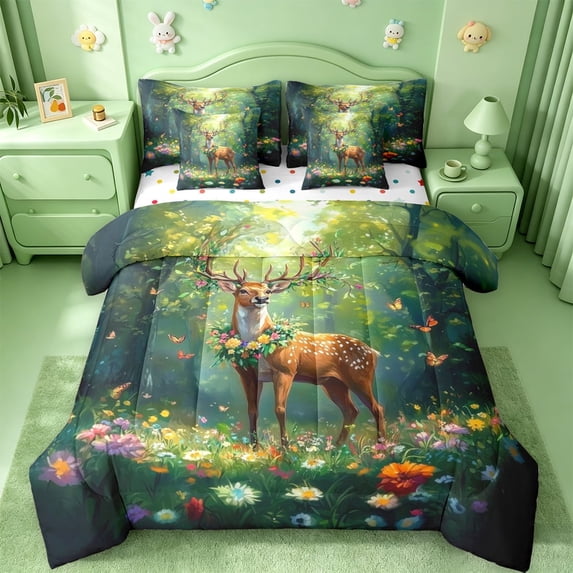 meiyoeat Jungle Animal Elk 7 Pieces Full Size Bedding Sets For Girls,Colorful Cute Flowers Full Size Bed in a Bag For Kids,Reversible
