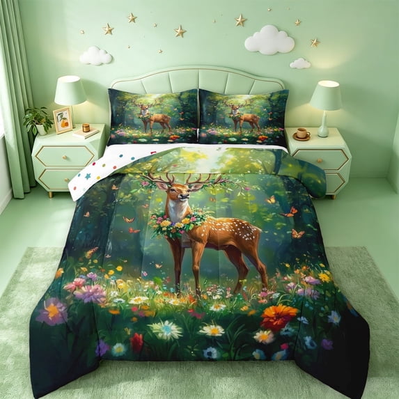 meiyoeat Jungle Animal Elk Full Size Comforter Sets For Girls,Colorful Cute Flowers Bedding Comforter Set For Kids,Reversible,3-Piece