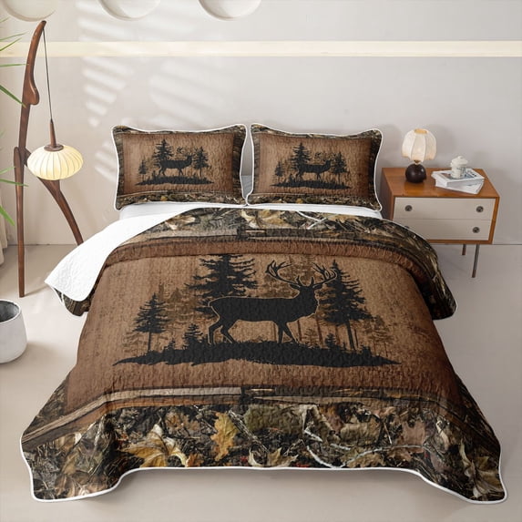 meiyoeat Jungle Deer Silhouette Bed Spread Queen For Boys,Rustic Farmhouse Hunting Queen Coverlet Set For Kids,3pcs