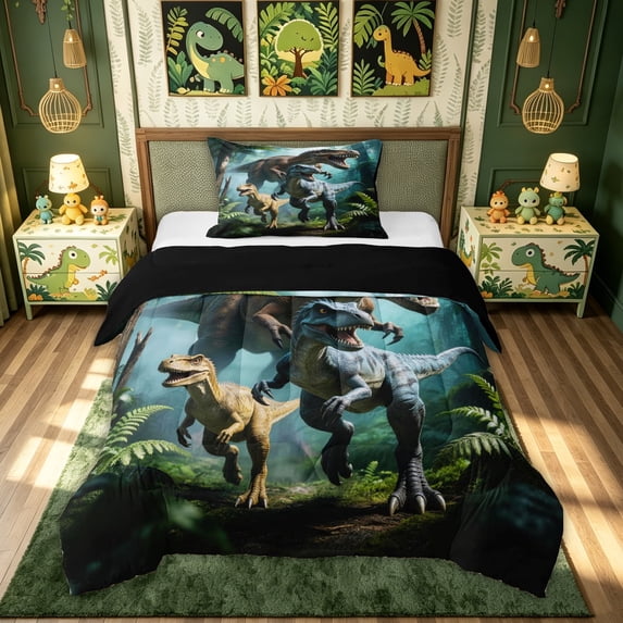 meiyoeat Jungle Dino Wildlife Twin Comforter Sets for Boys Kids Men, Dinosaur Family Bedding Set, Green, Black Reversible, 2 Pieces, 1 Comforter and 1 Pillowcase