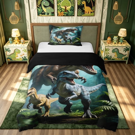 meiyoeat Jungle Dino Wildlife Twin Duvet Cover for Boys Kids Men, Dinosaur Family Twin Bedding, Green, Black Reversible, 2 Pieces, 1 Duvet Cover and 1 Pillowcase