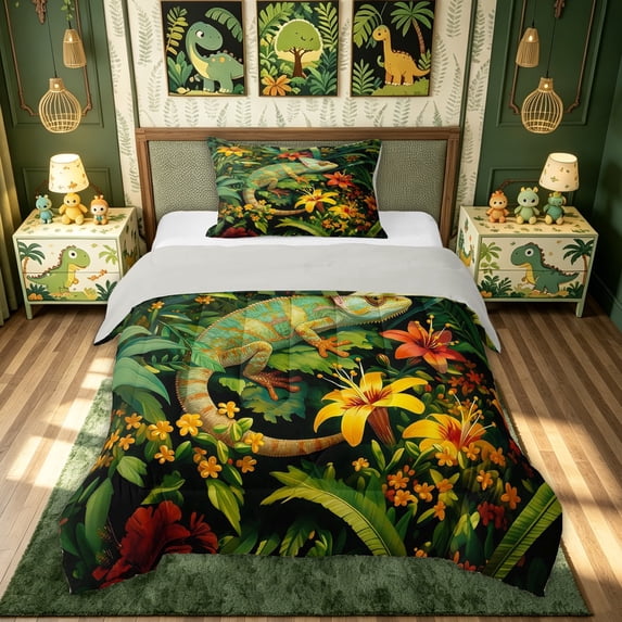 meiyoeat Jungle Flower Lizard Twin Comforter Sets for Boys Girls Kids, Tropical Rainforest Wildlife Bedding Set, Green, Grey Reversible, 2-Piece, 1 Comforter and 1 Pillowcase